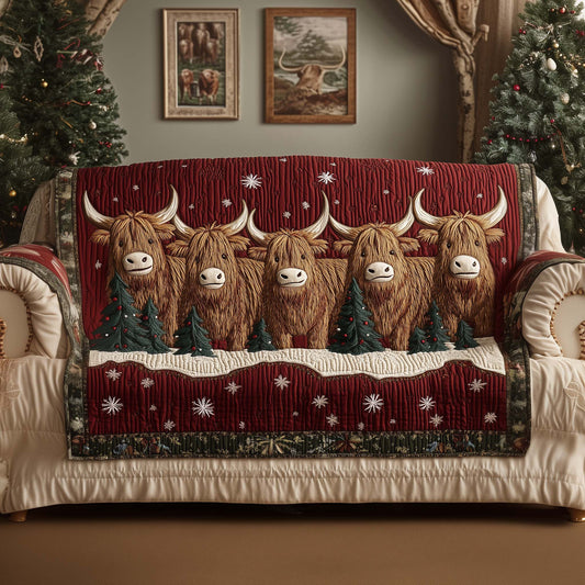 Highland Cow Quilted Sofa Cover Gentle Portrait Christmas Design Cow Lover Gift Ideas