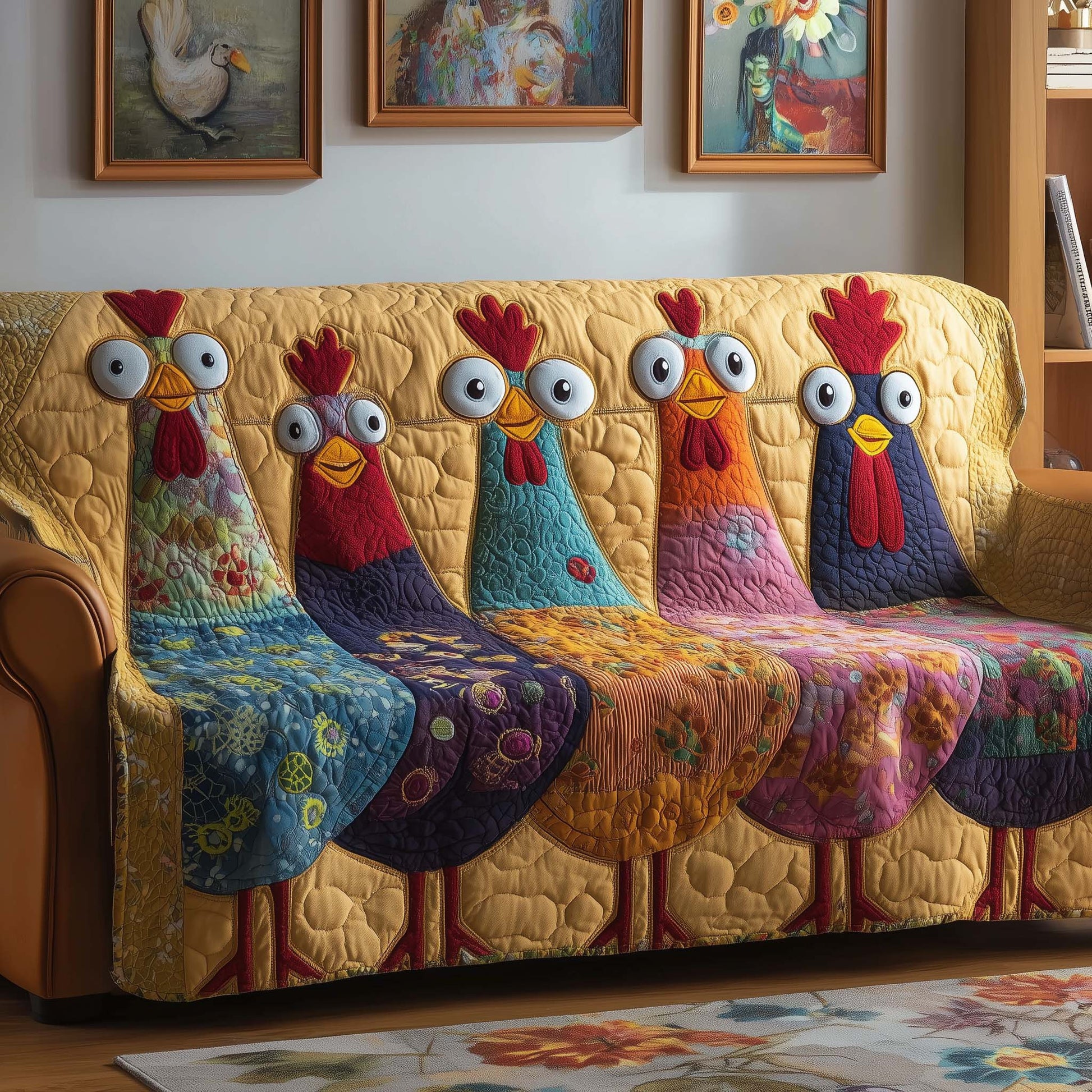 Chicken Quilted Sofa Cover Bold Rooster Pattern Furniture Cover Best Gifts For Chicken Owners