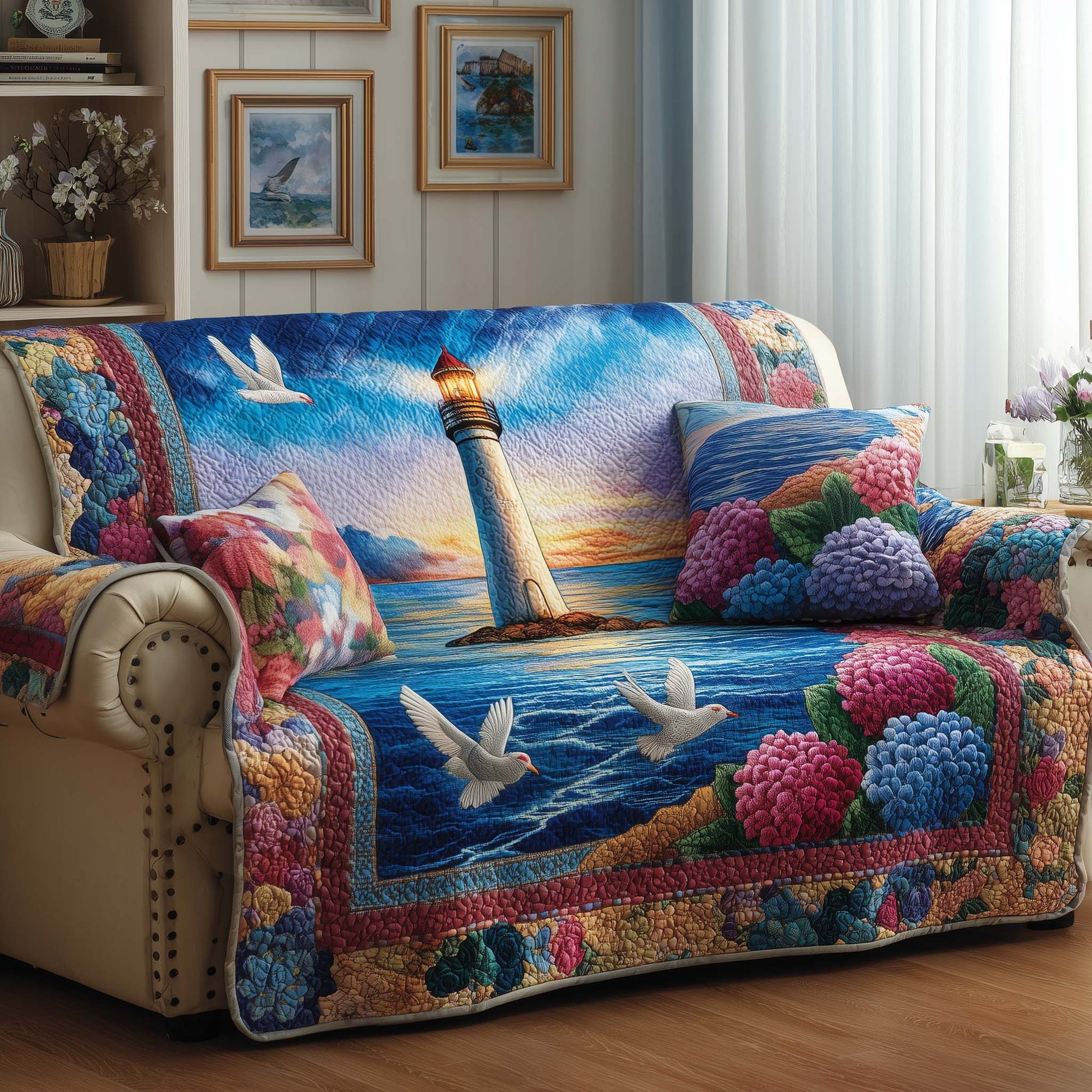 Peace Light Quilted Sofa Cover Tranquil Guiding Light Design Unique Lighthouse Gifts