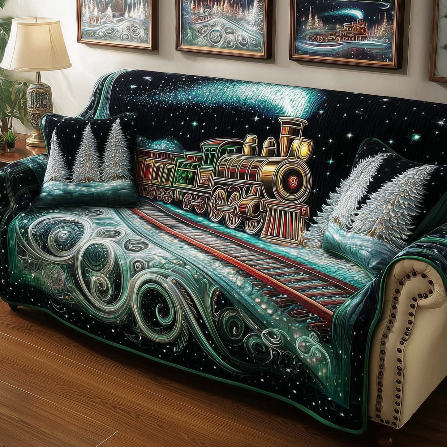 Magical Journey Quilted Sofa Cover Whimsical Train Ride Theme Cover Train Gifts Christmas