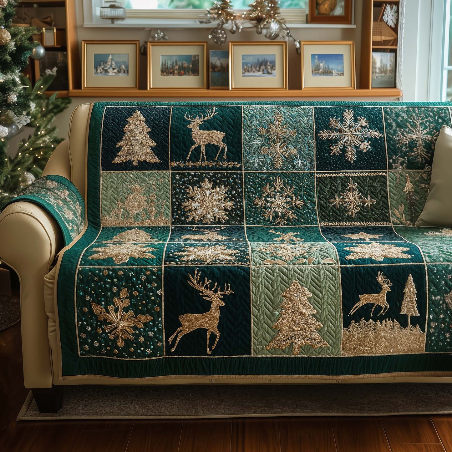 Yuletide Patchwork Quilted Sofa Cover Patchwork Christmas Design Deer Themed Gifts For Him