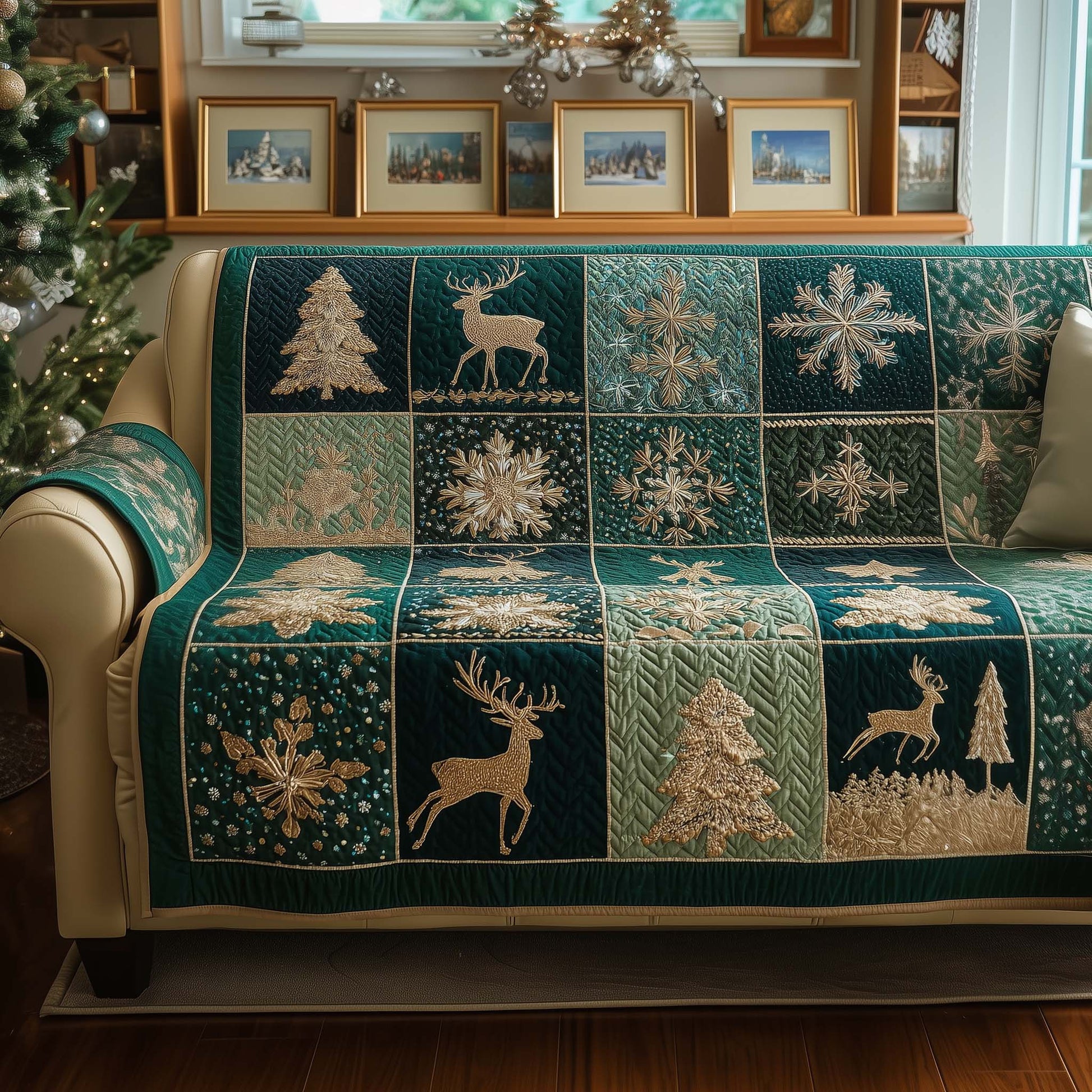 Yuletide Patchwork Quilted Sofa Cover Patchwork Christmas Design Deer Themed Gifts For Him