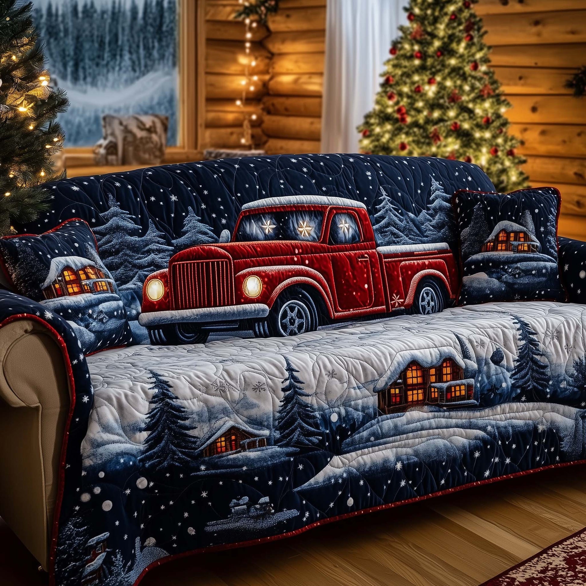 Snowy Night Delivery Quilted Sofa Cover Christmas Truck Scene Best Gift For Christmas Holiday
