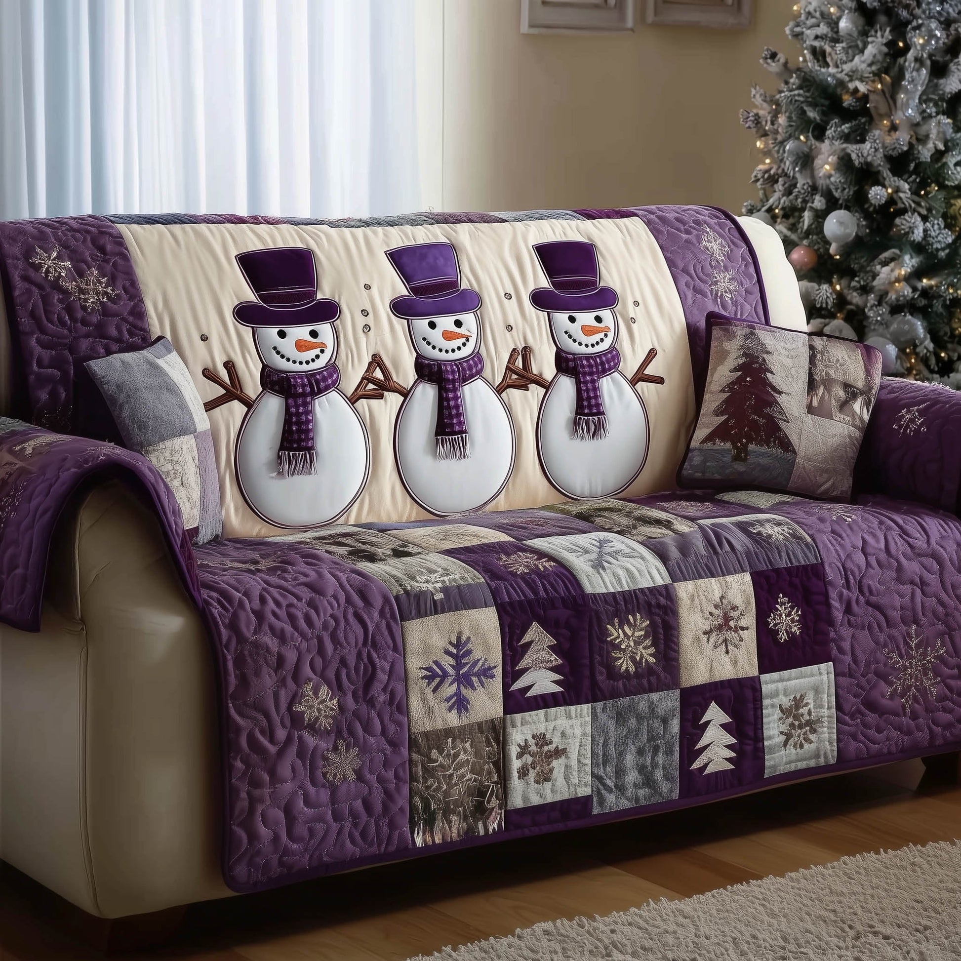 Snowman Quilted Sofa Cover Winter Protector High Quality Gifts For Christmas Holiday