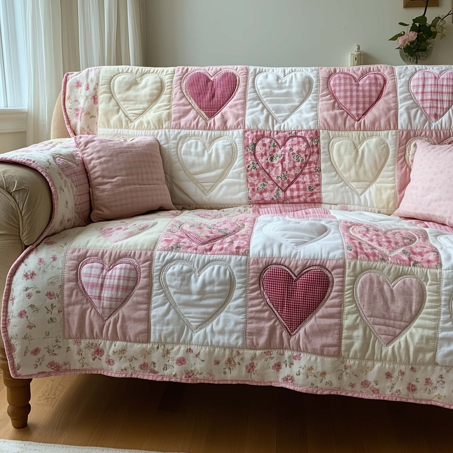 Patchwork Hearts Quilted Sofa Cover Quilted Love Heart Design Best Couple Gifts Design