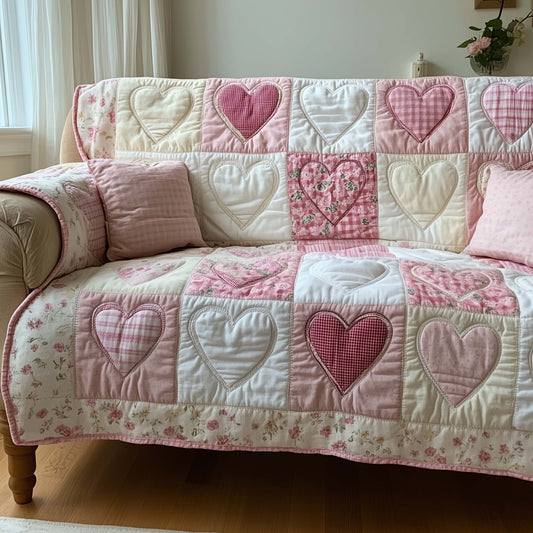 Patchwork Hearts Quilted Sofa Cover Quilted Love Heart Design Best Couple Gifts Design