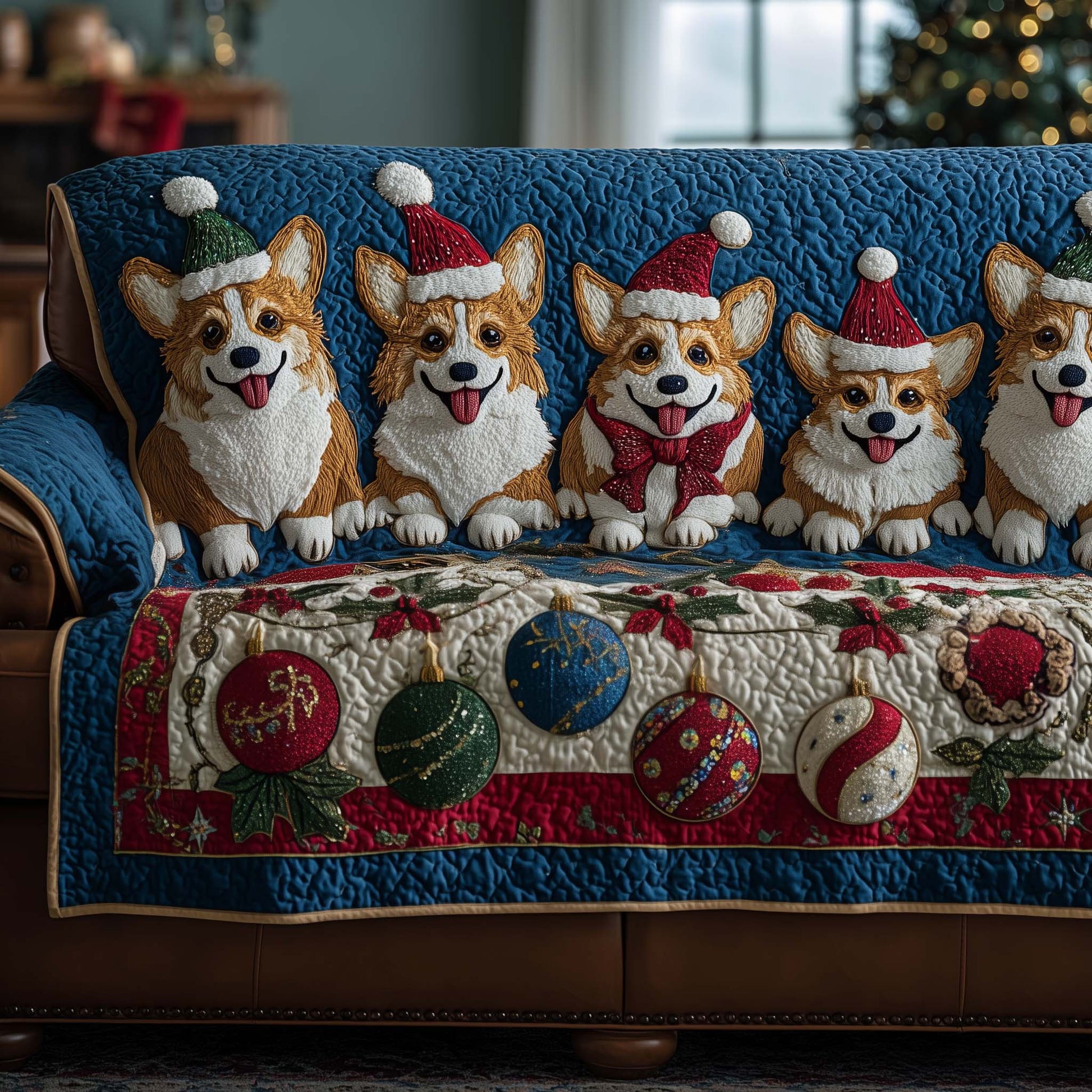 Jolly Corgi Quilted Sofa Cover Energetic Corgi Puppy Design Corgi Owner Gifts