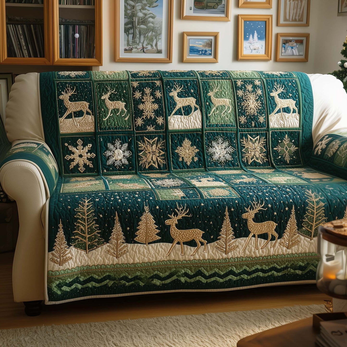 Yuletide Patchwork Quilted Sofa Cover Festive Patchwork Deer Themed Gifts For Him