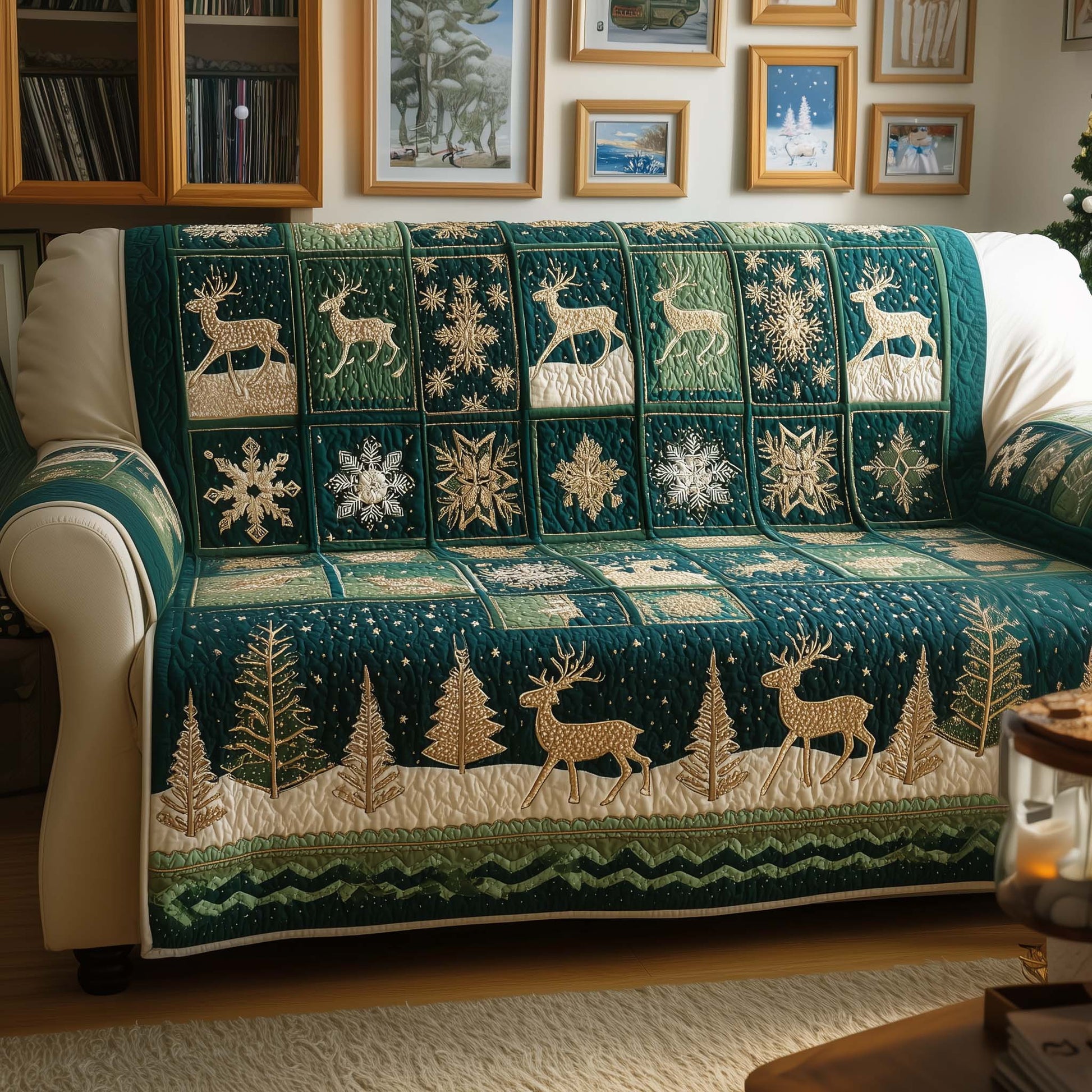 Yuletide Patchwork Quilted Sofa Cover Festive Patchwork Deer Themed Gifts For Him