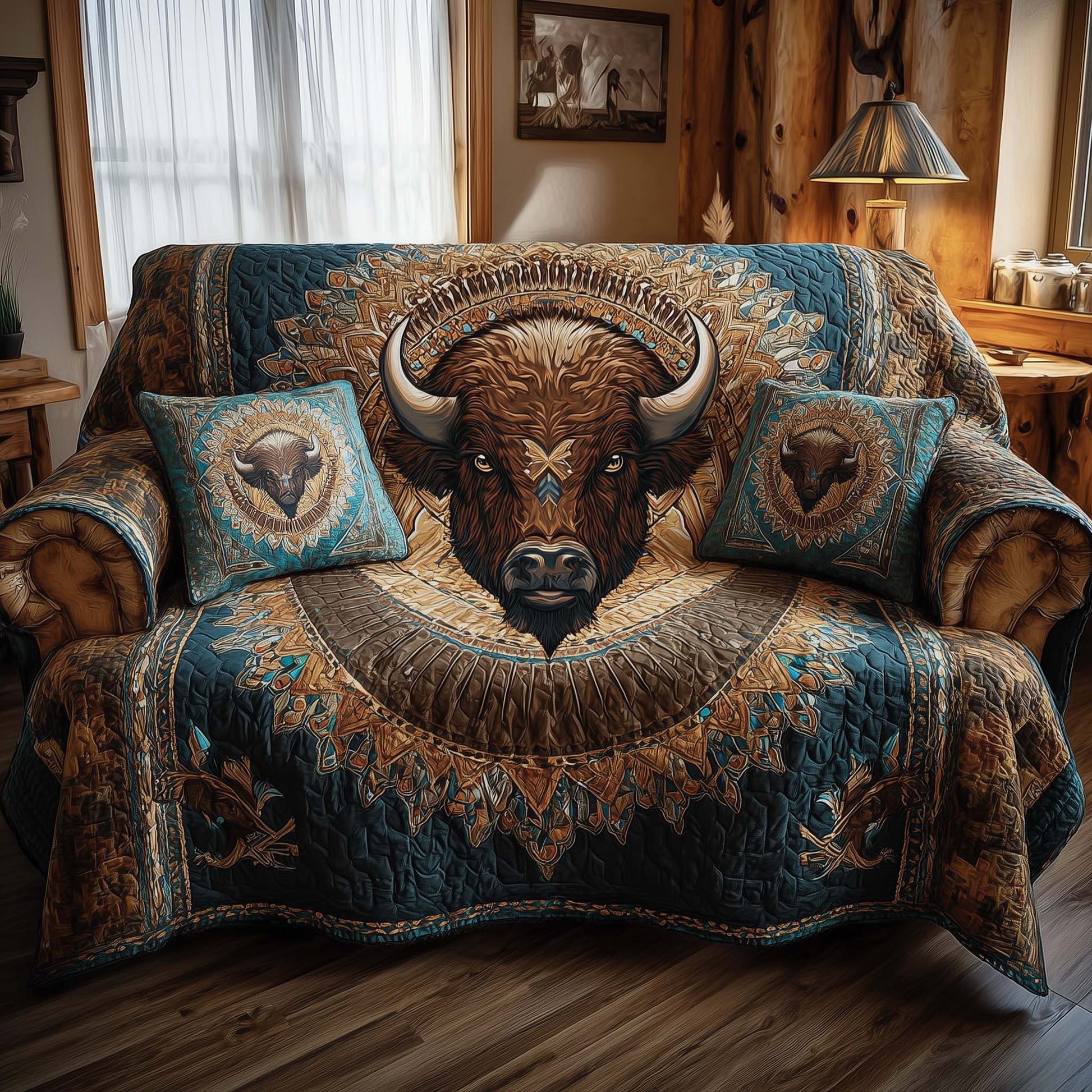 Native Bison Quilted Sofa Cover Sacred Plains Wildlife Design Buffalo Bison Merchandise