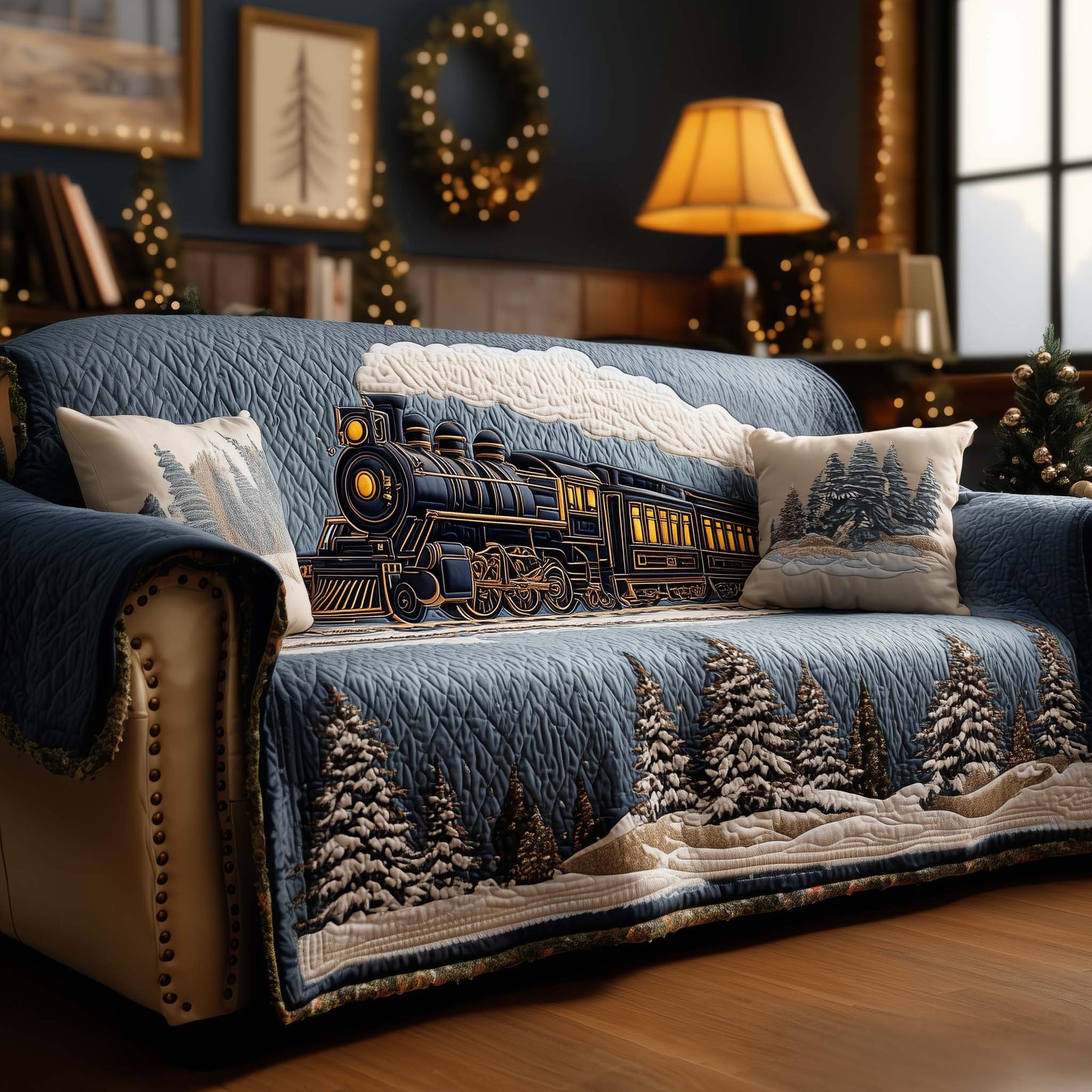 Winter Train Quilted Sofa Cover North Pole Express Train Theme Train Gifts Christmas For Adults