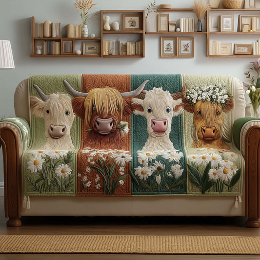 Highland Cow Quilted Sofa Cover Shaggy Highland Cattle Protector Cow Lover Gift Ideas