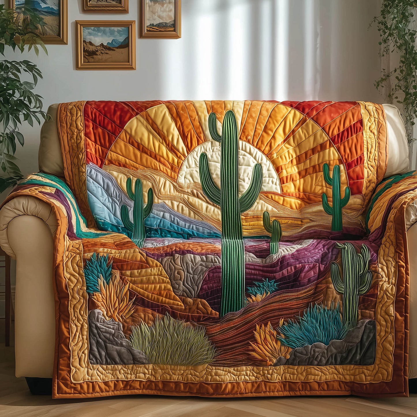 Cactus Bloom Quilted Sofa Cover Southwestern Floral Sofa Cover Cactus Related Gifts For Friends