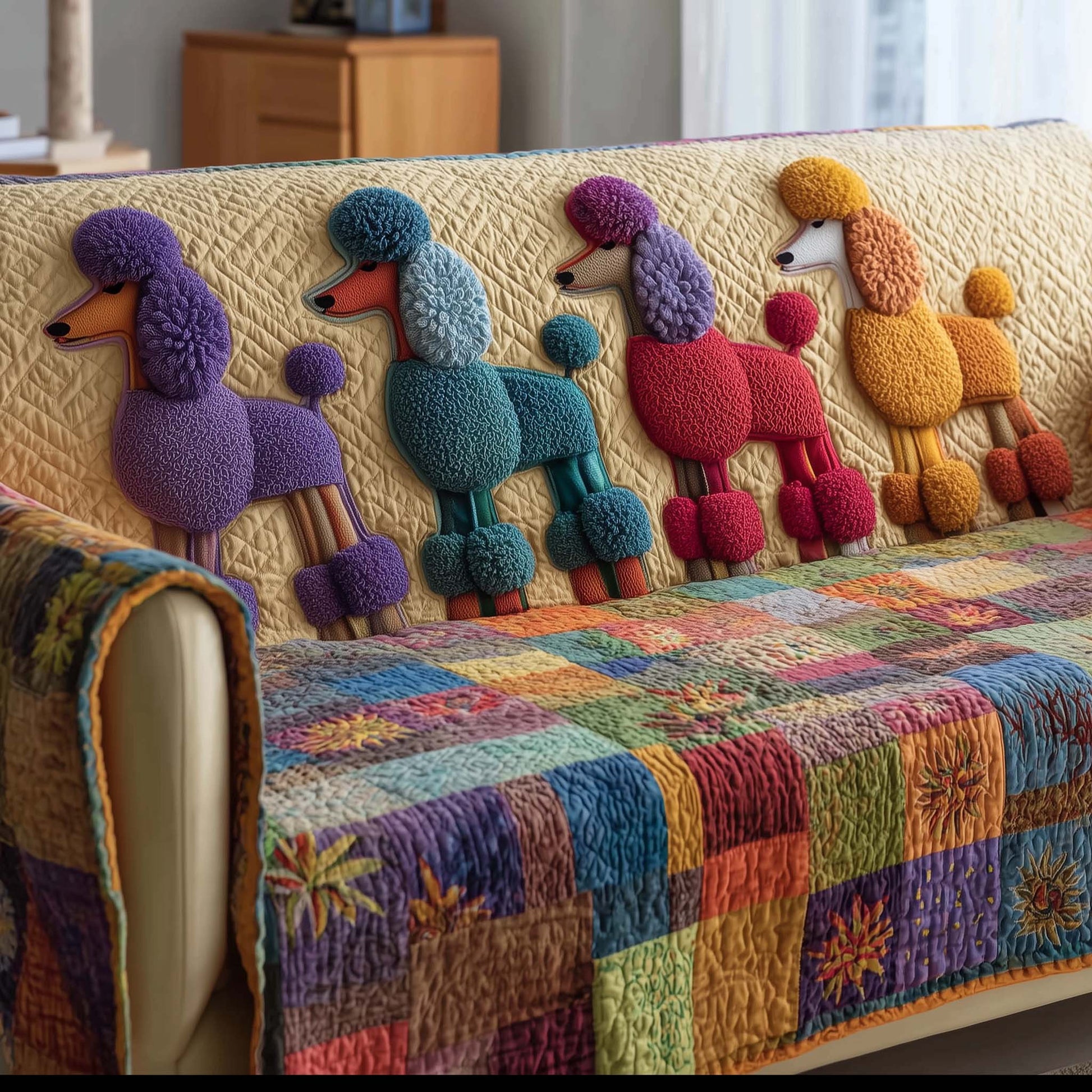 Adorable Poodle Quilted Sofa Cover Cute Dog Design Durable Sofa Cover Poodle Related Gifts
