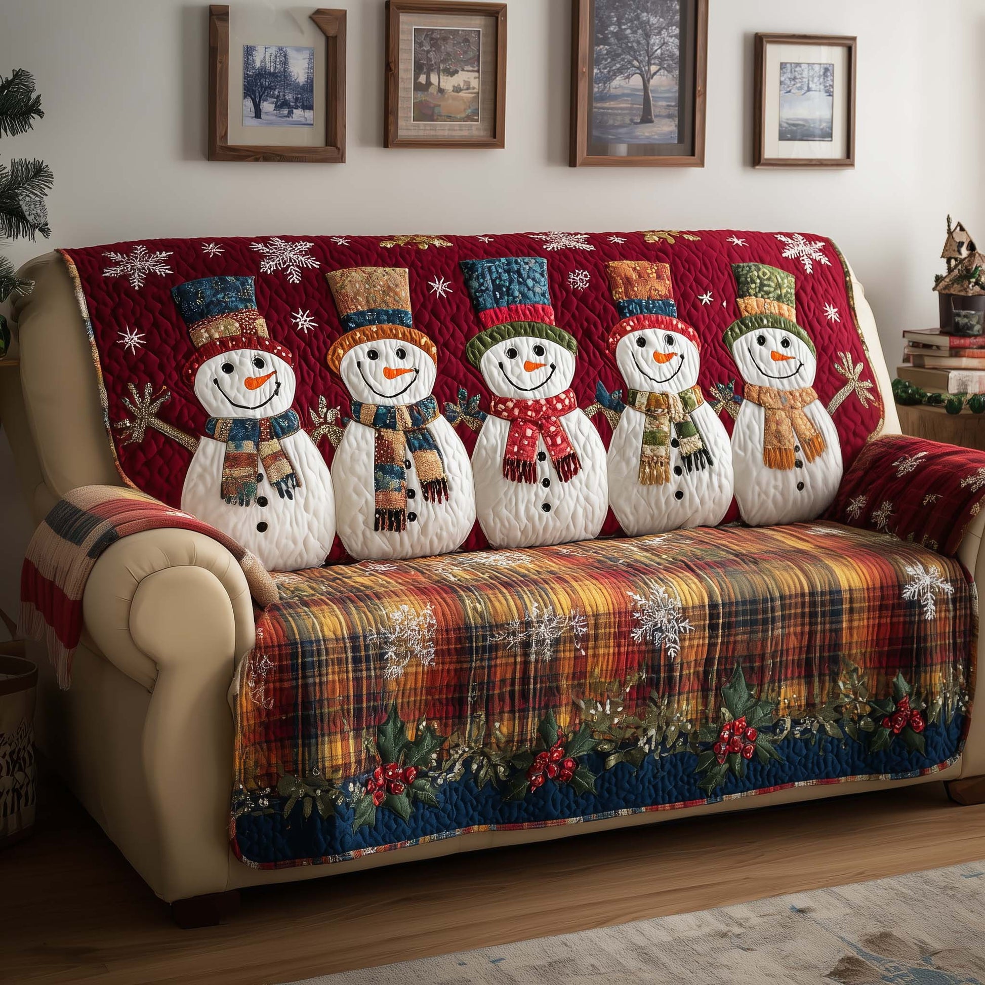 Cheerful Snowman Quilted Sofa Cover Smiling Snowman With Scarf Gifts For Christmas Holiday