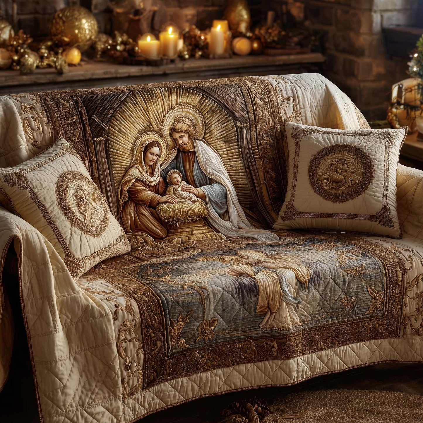 Nativity Grace Quilted Sofa Cover Holy Family Christmas Motif Nativity Scene Home Interior