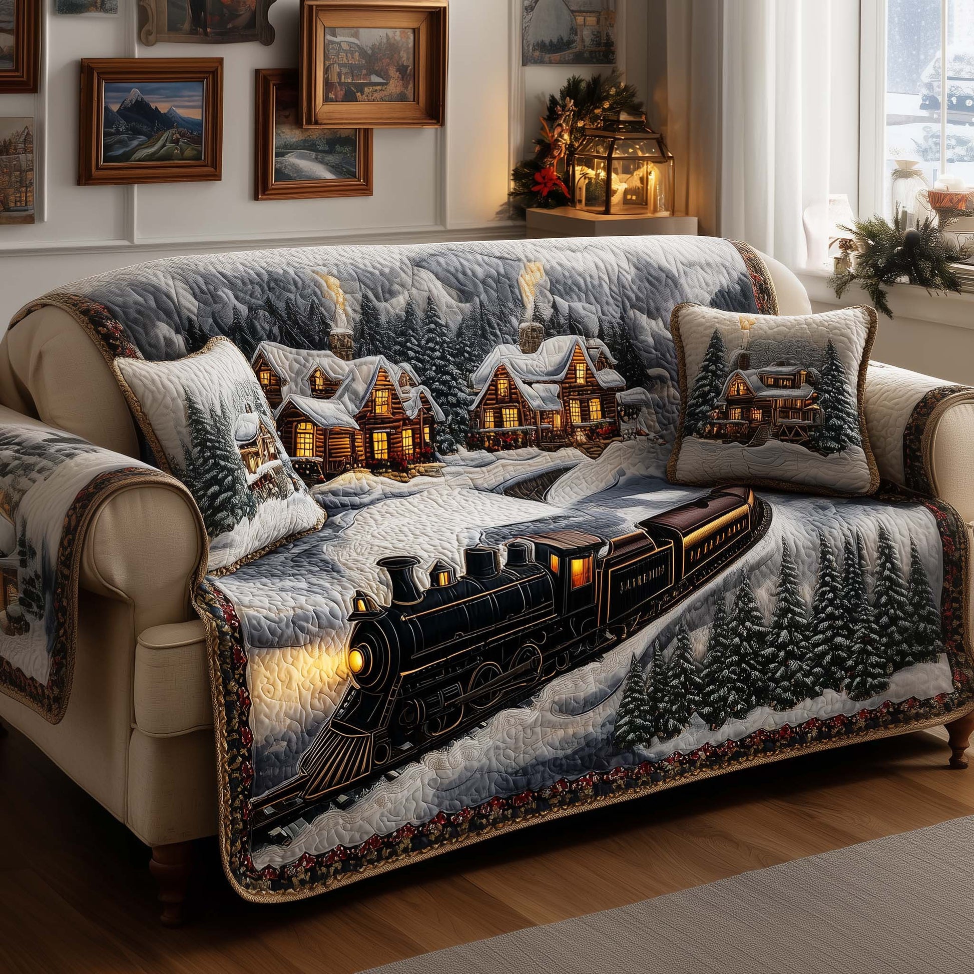 Winter Train Quilted Sofa Cover Vintage Snow Train Sofa Cover Train Gifts Christmas For Adults