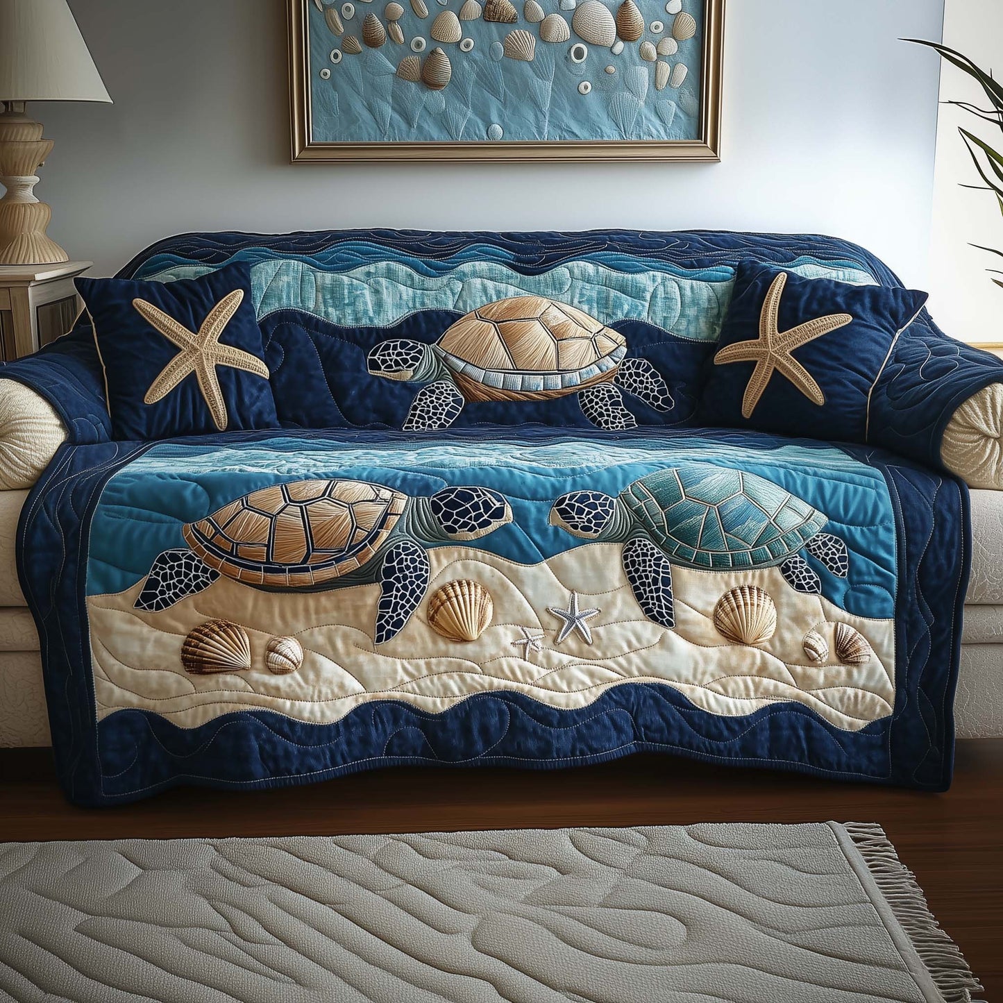 Sea Turtle Quilted Sofa Cover Coastal Animal Accent Sofa Cover Sea Turtle Gift Ideas