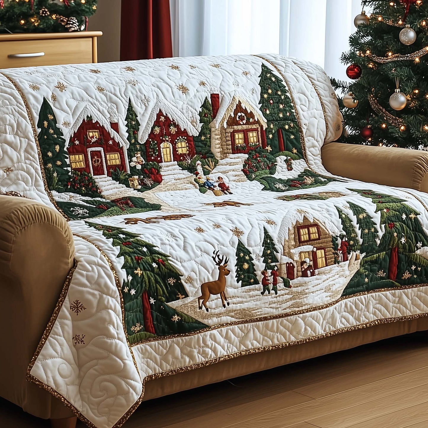 Snow Village Quilted Sofa Cover White Winter Holiday Protection Best Christmas Throws For Sofa