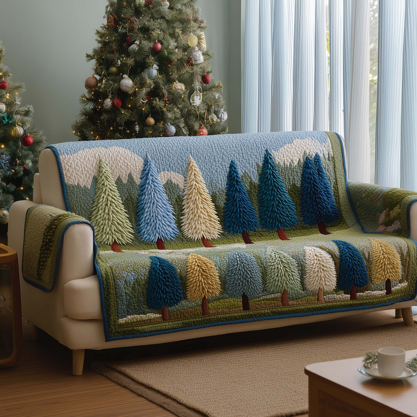 Serene Pines Quilted Sofa Cover Calm Evergreen Tree Motif Present Ideas For Tree Lovers