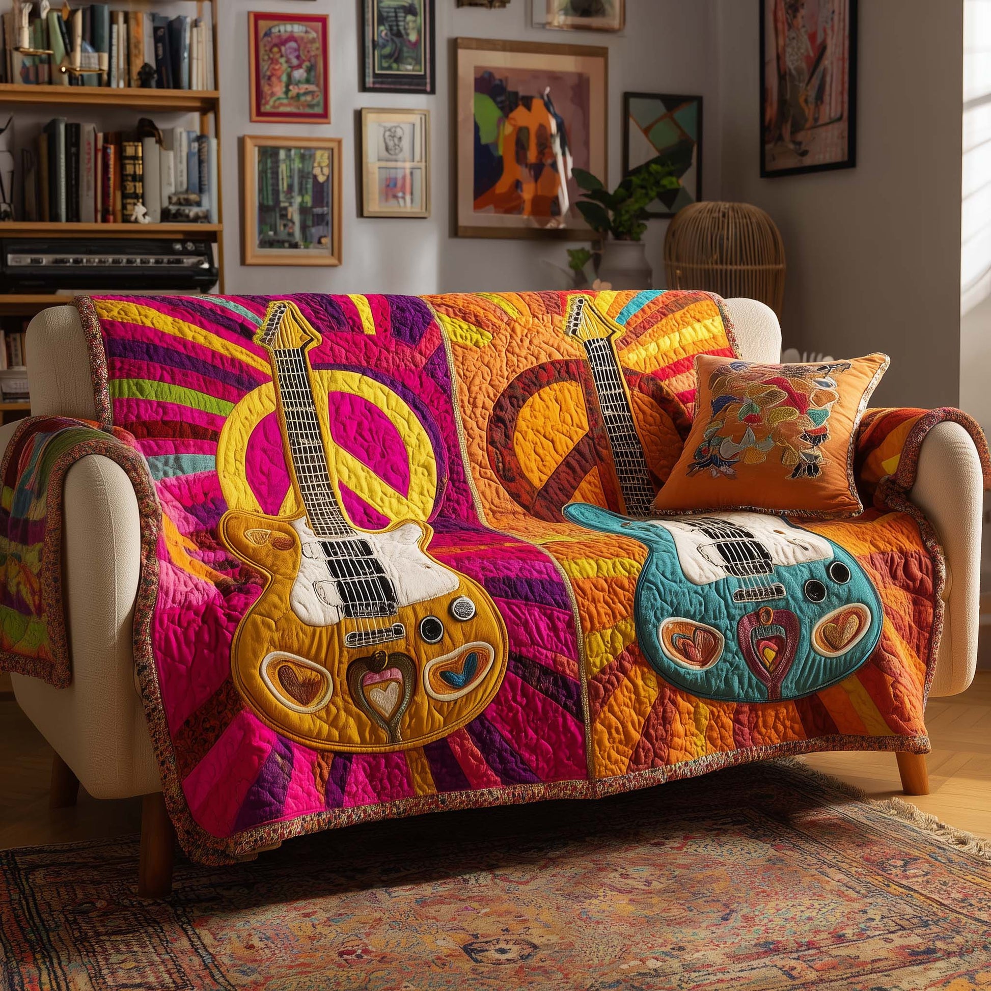Peace Sign With Guitar Quilted Sofa Cover Meaningful Inspiring Best Gifts For Guitar Lovers