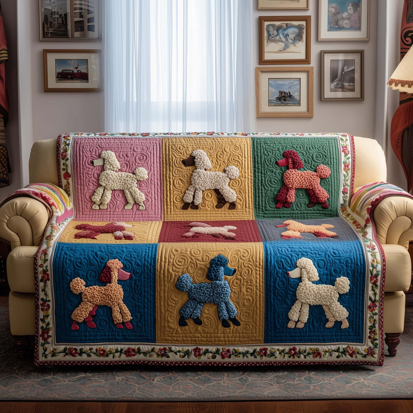 Poodle Charm Quilted Sofa Cover Luxury Dog Breed Motif Poodle Related Gifts
