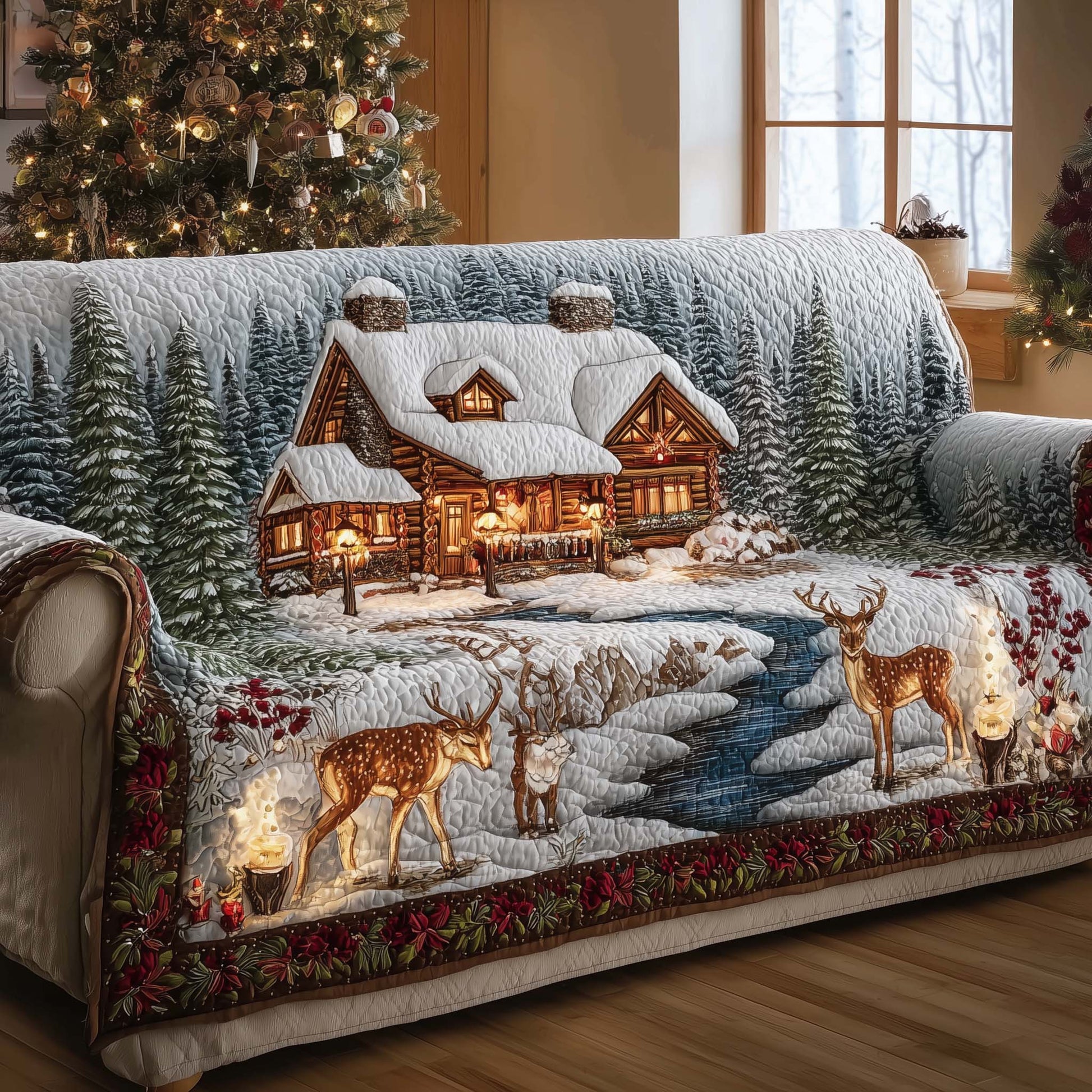 Peaceful Cabin Quilted Sofa Cover Rustic Forest Cabin Motif Warm Christmas Home Decor