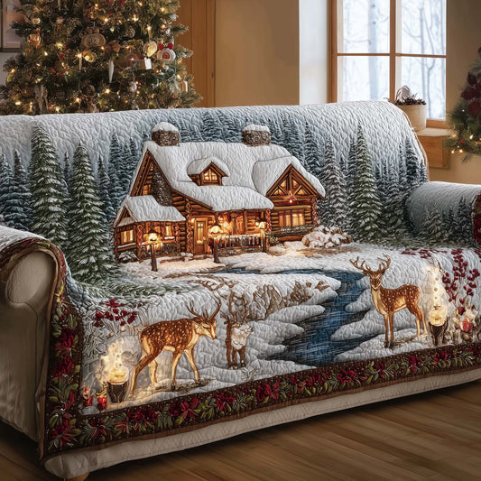 Peaceful Cabin Quilted Sofa Cover Rustic Forest Cabin Motif Warm Christmas Home Decor