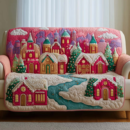 Snowy Village Quilted Sofa Cover Festive Snow Covered Village Gift For Him