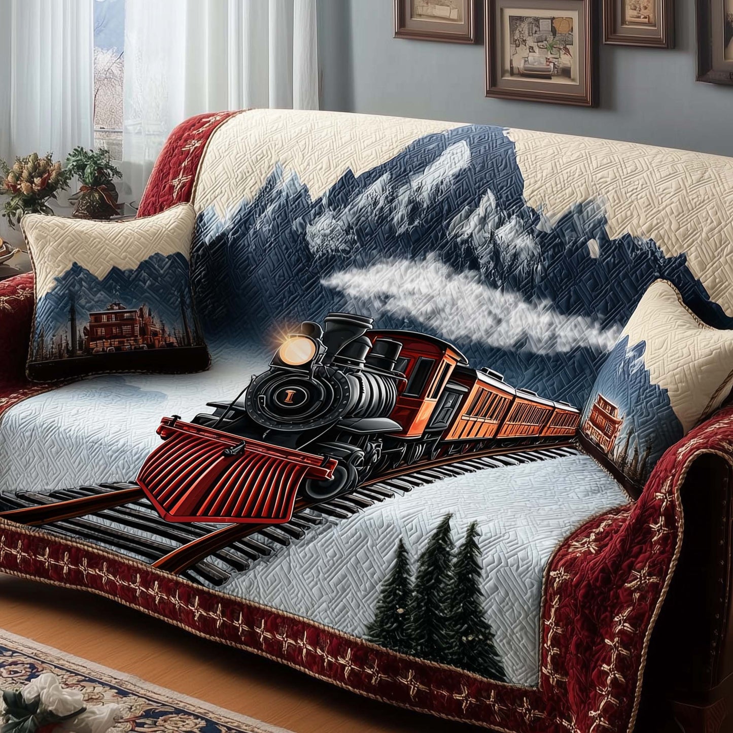Holiday Express Quilted Sofa Cover Festive Christmas Train Journey Christmas Gifts