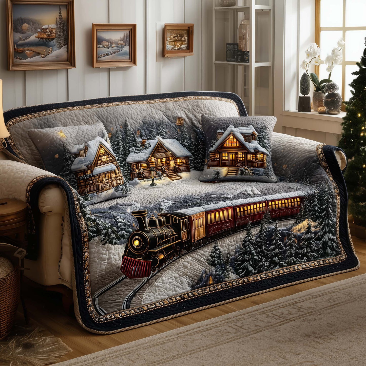 Winter Train Quilted Sofa Cover Holiday Steam Engine Accent Train Gifts Christmas For Adults