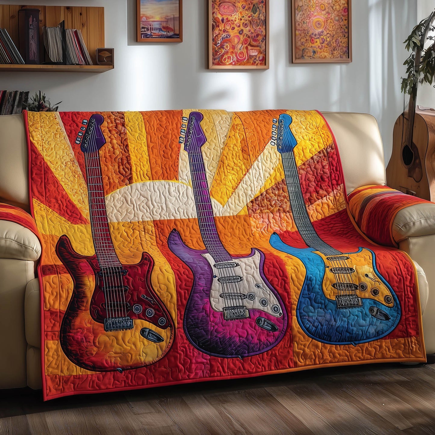 Retro Guitar Quilted Sofa Cover Old School Instrument Fretboard Motif Novelty Guitar Gifts