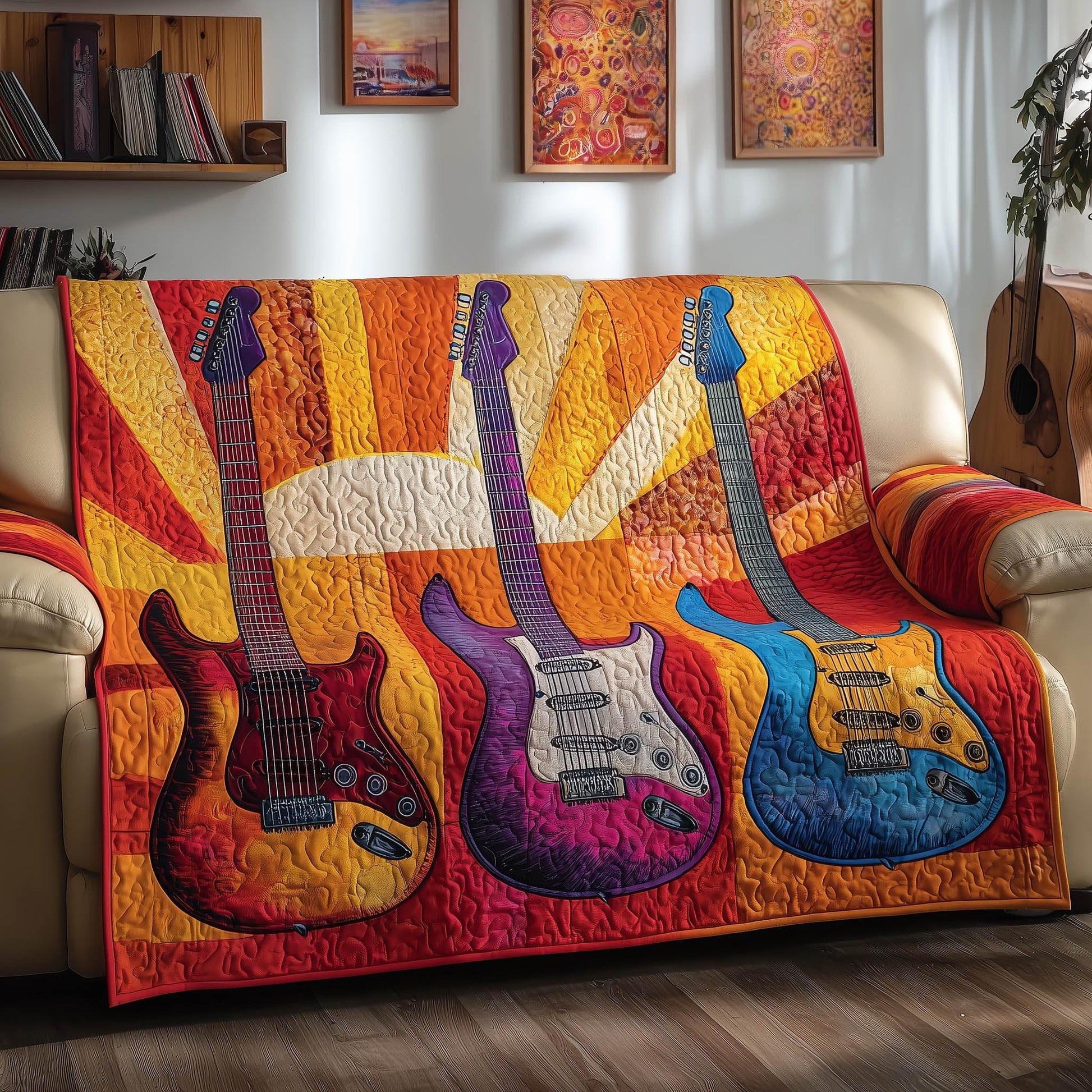 Retro Guitar Quilted Sofa Cover Old School Instrument Fretboard Motif Novelty Guitar Gifts