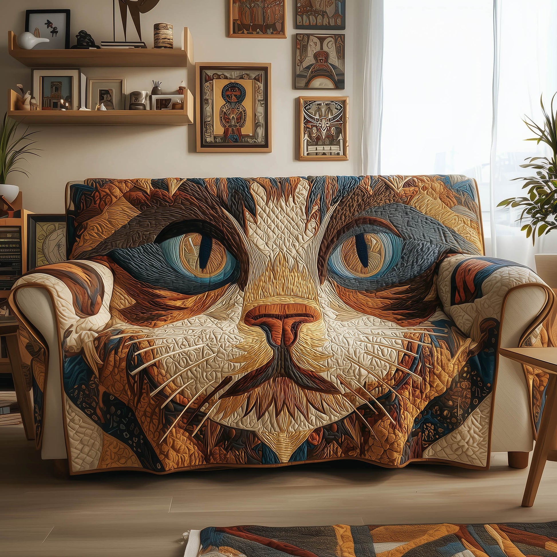 Rustic Catitude Quilted Sofa Cover Country Style Feline Art Throw Kitten Christmas Presents