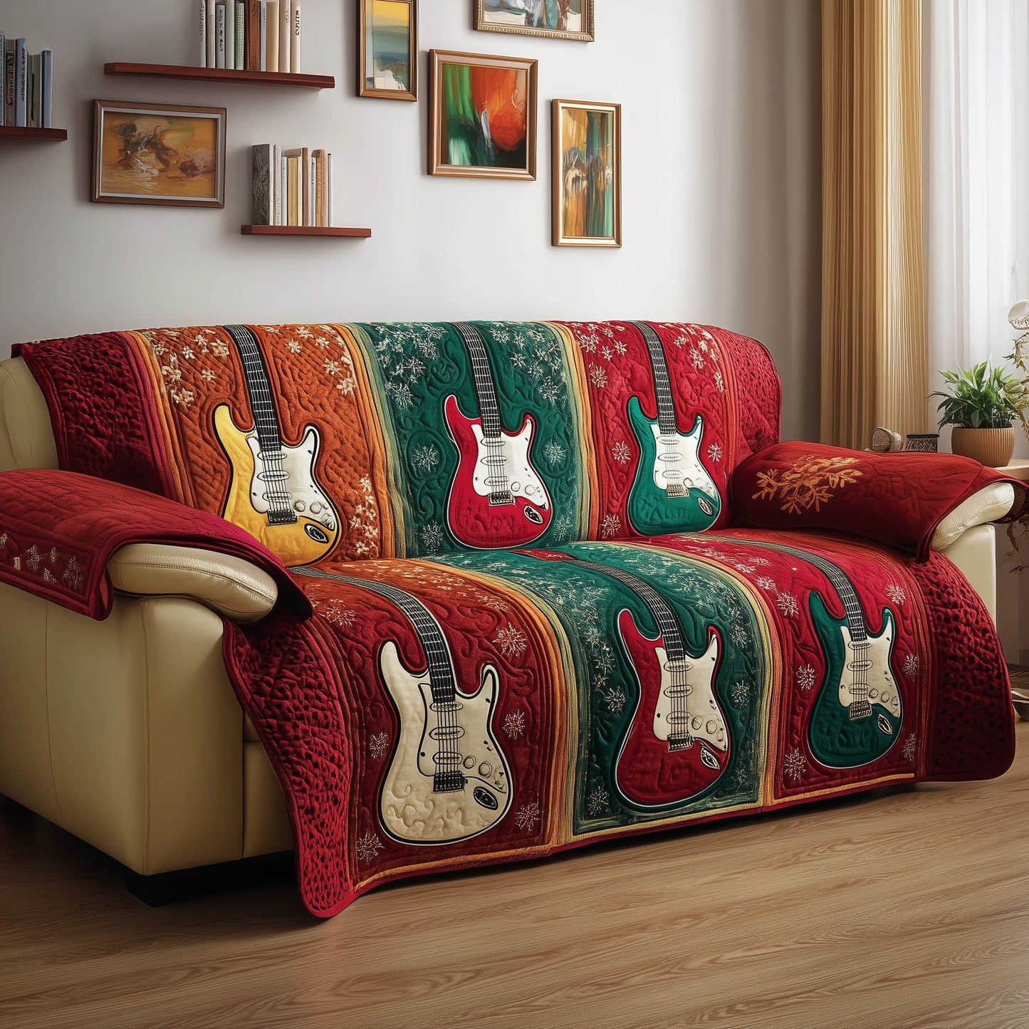 Christmas Harmony Quilted Sofa Cover Musical Notes Holiday Christmas Gifts For Guitar Players
