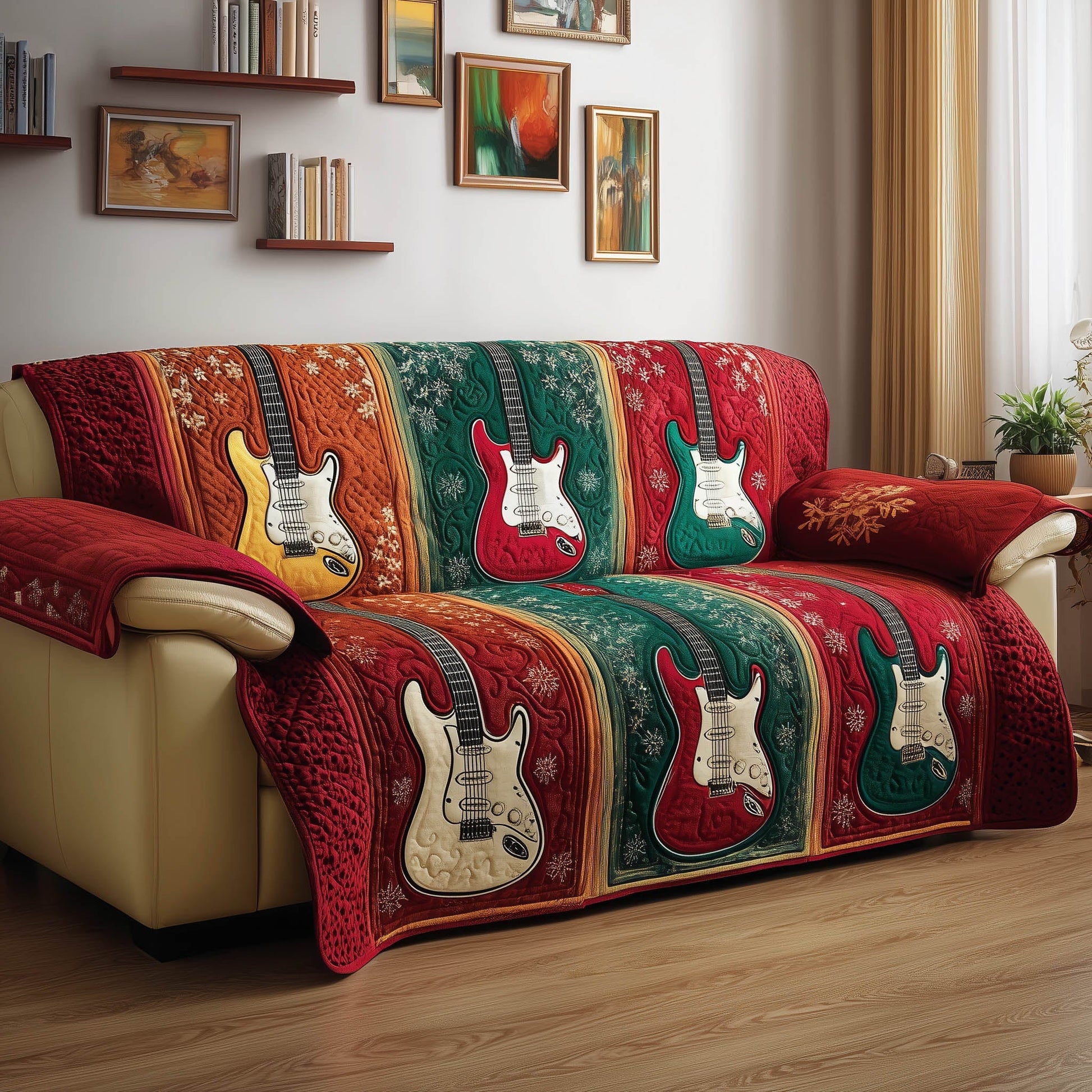 Christmas Harmony Quilted Sofa Cover Musical Notes Holiday Christmas Gifts For Guitar Players