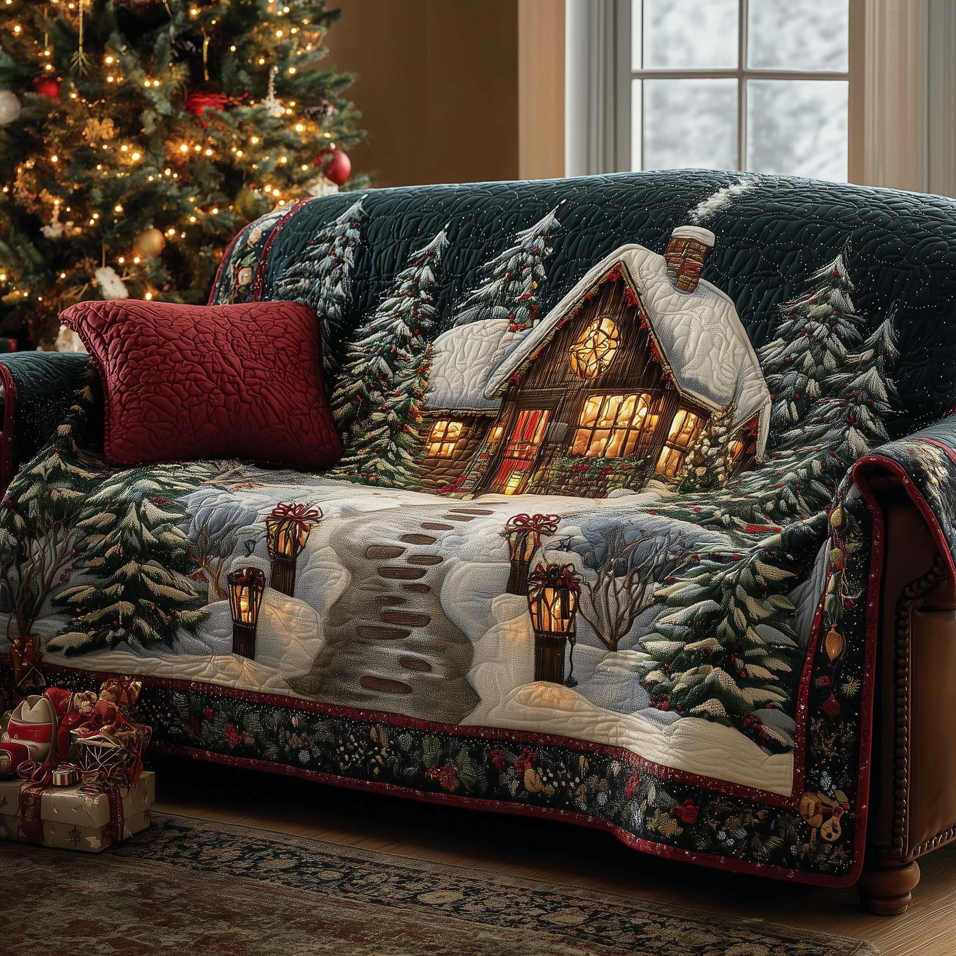 Peaceful Cabin Quilted Sofa Cover Tranquil Lakeside Cabin Warm Christmas Home Decor
