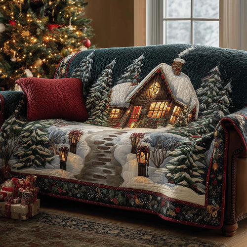 Peaceful Cabin Quilted Sofa Cover Tranquil Lakeside Cabin Warm Christmas Home Decor
