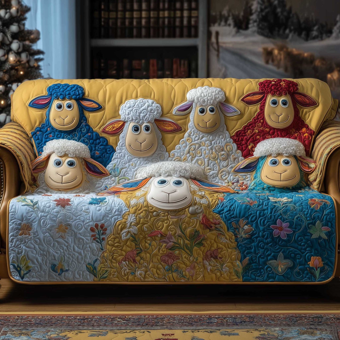 Quirky Pasture Quilted Sofa Cover Abstract Farm Animal Field Sheep Related Presents