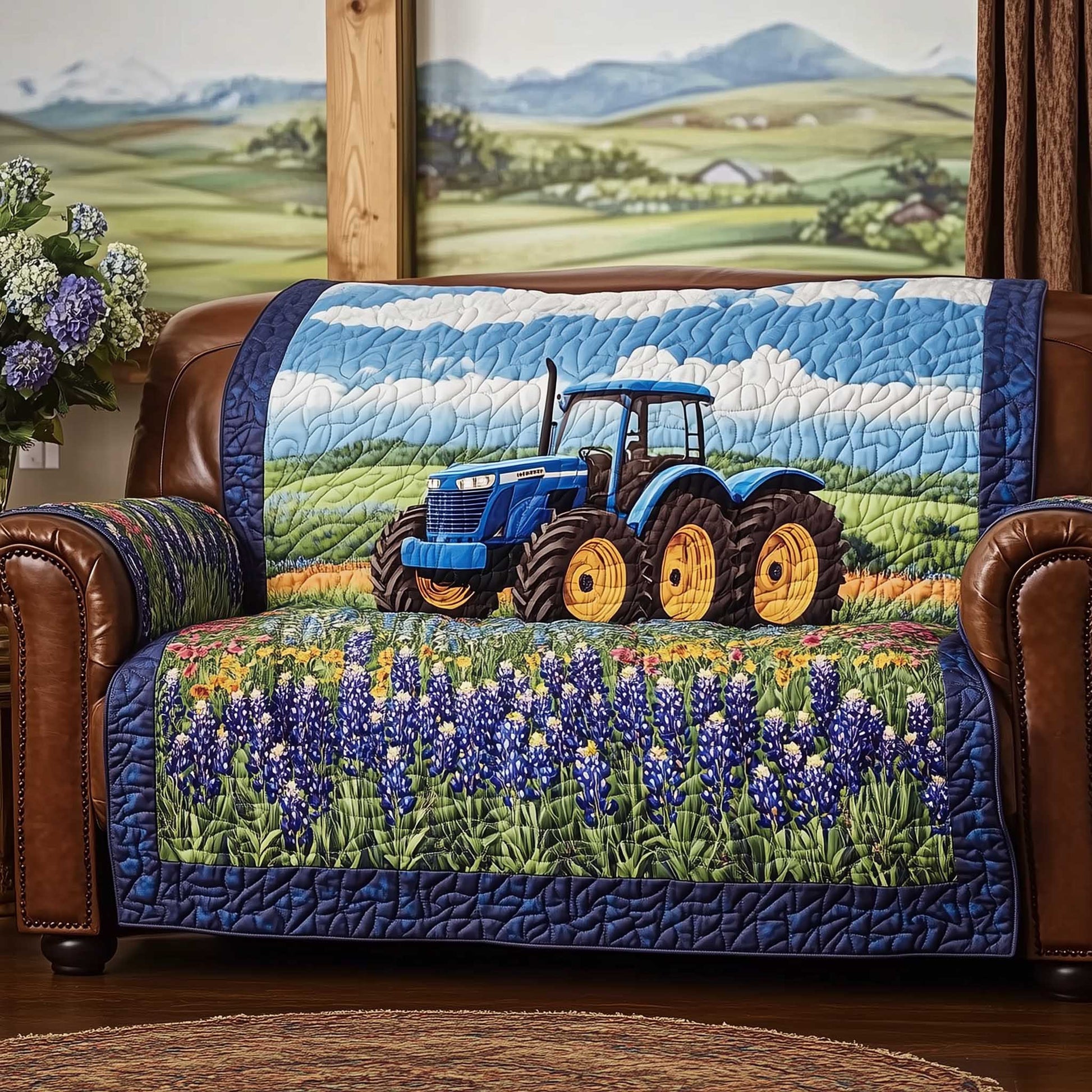 Bluebonnet Quilted Sofa Cover Vibrant Wildflower Design Sofa Cover Presents For Flower Lovers