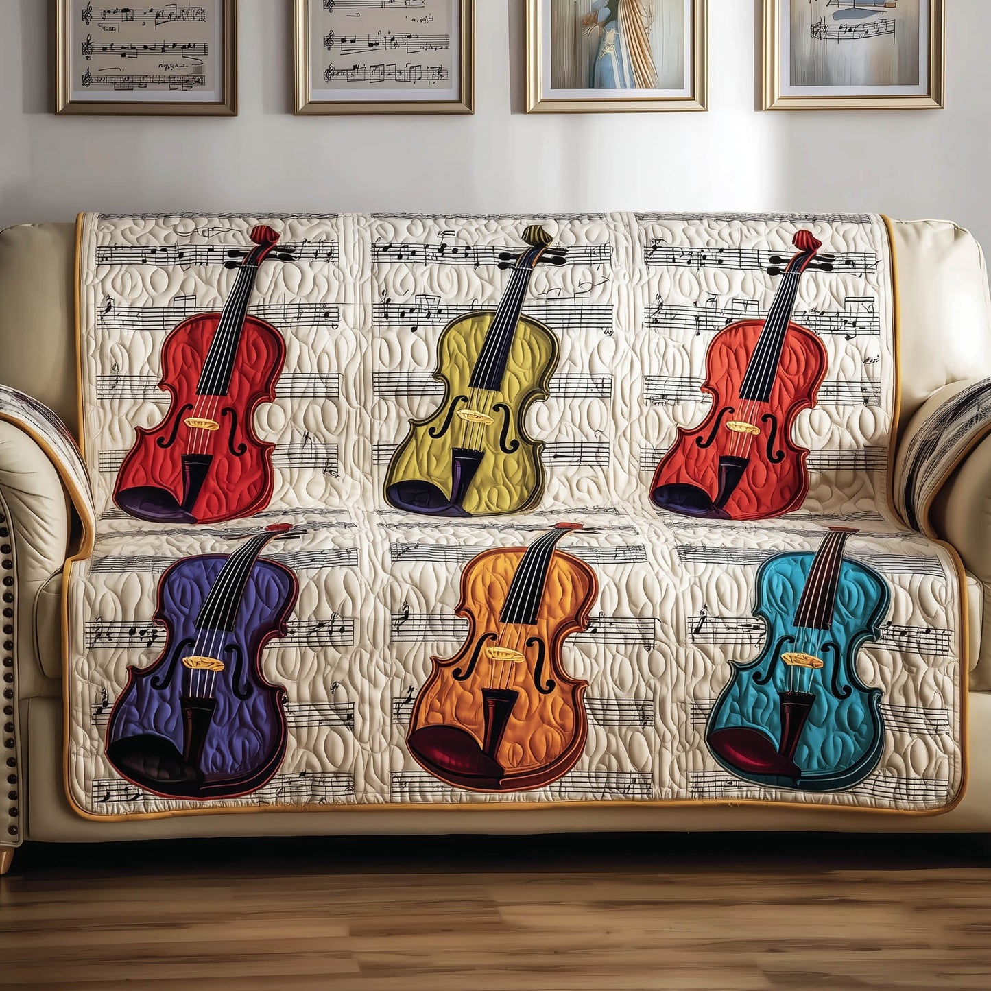 Rustic Violin Quilted Sofa Cover Old World Fiddle Motif Protector Gift Ideas For Violin Players