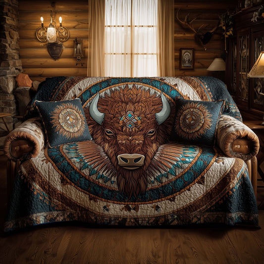 Native Bison Quilted Sofa Cover Tribal Wildlife Silhouette Protector Buffalo Bison Merchandise