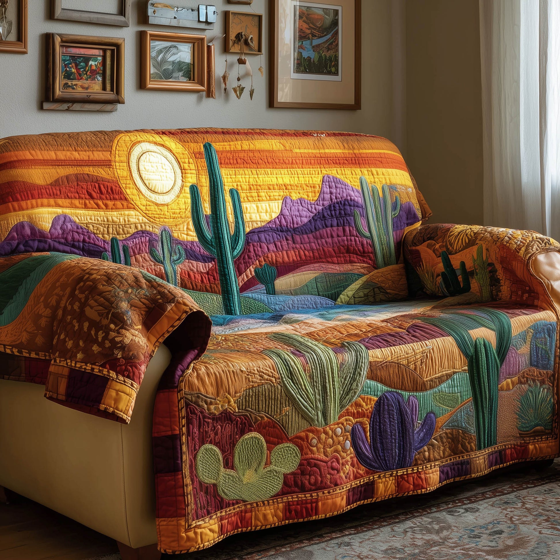 Cactus Bloom Quilted Sofa Cover Blooming Succulent Garden Cactus Related Gifts For Friends