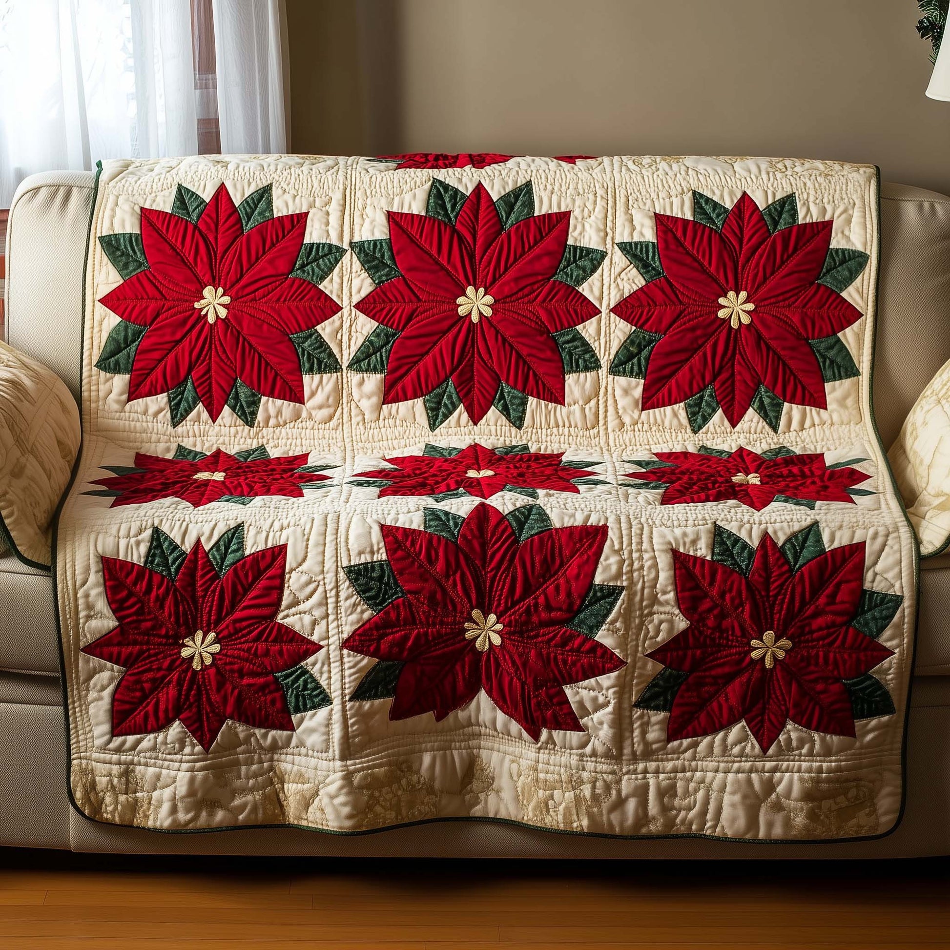 Poinsettia Charm Quilted Sofa Cover Holiday Red Flower Pattern Gifts For Mom