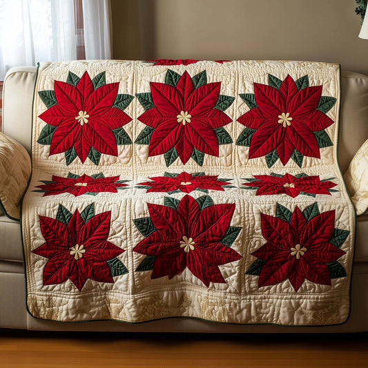 Poinsettia Charm Quilted Sofa Cover Holiday Red Flower Pattern Gifts For Mom