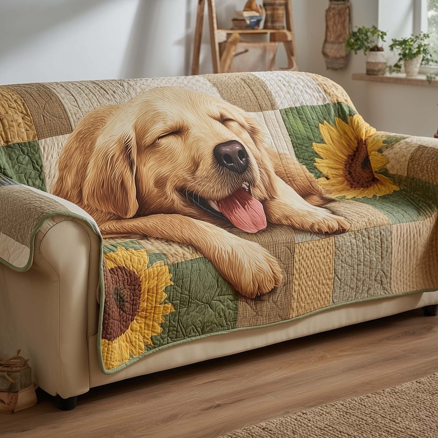 Golden Retriever Quilted Sofa Cover Smiling Dog Lover Sofa Cover Unique Present For Smart Dog