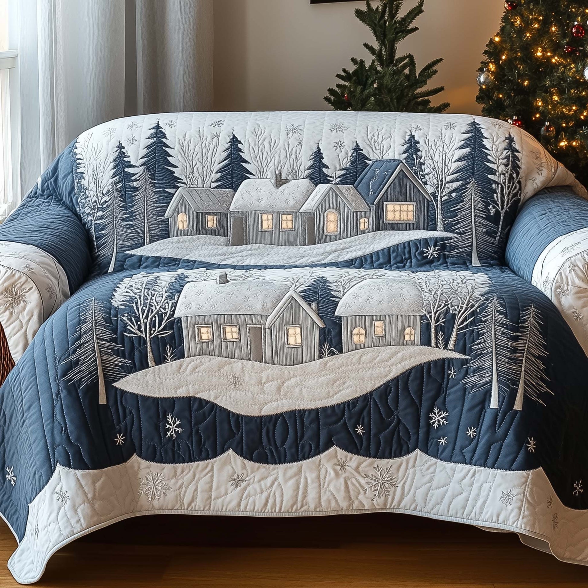 Snow Village Quilted Sofa Cover Holiday Village Lights Motif Gifts For House Warming