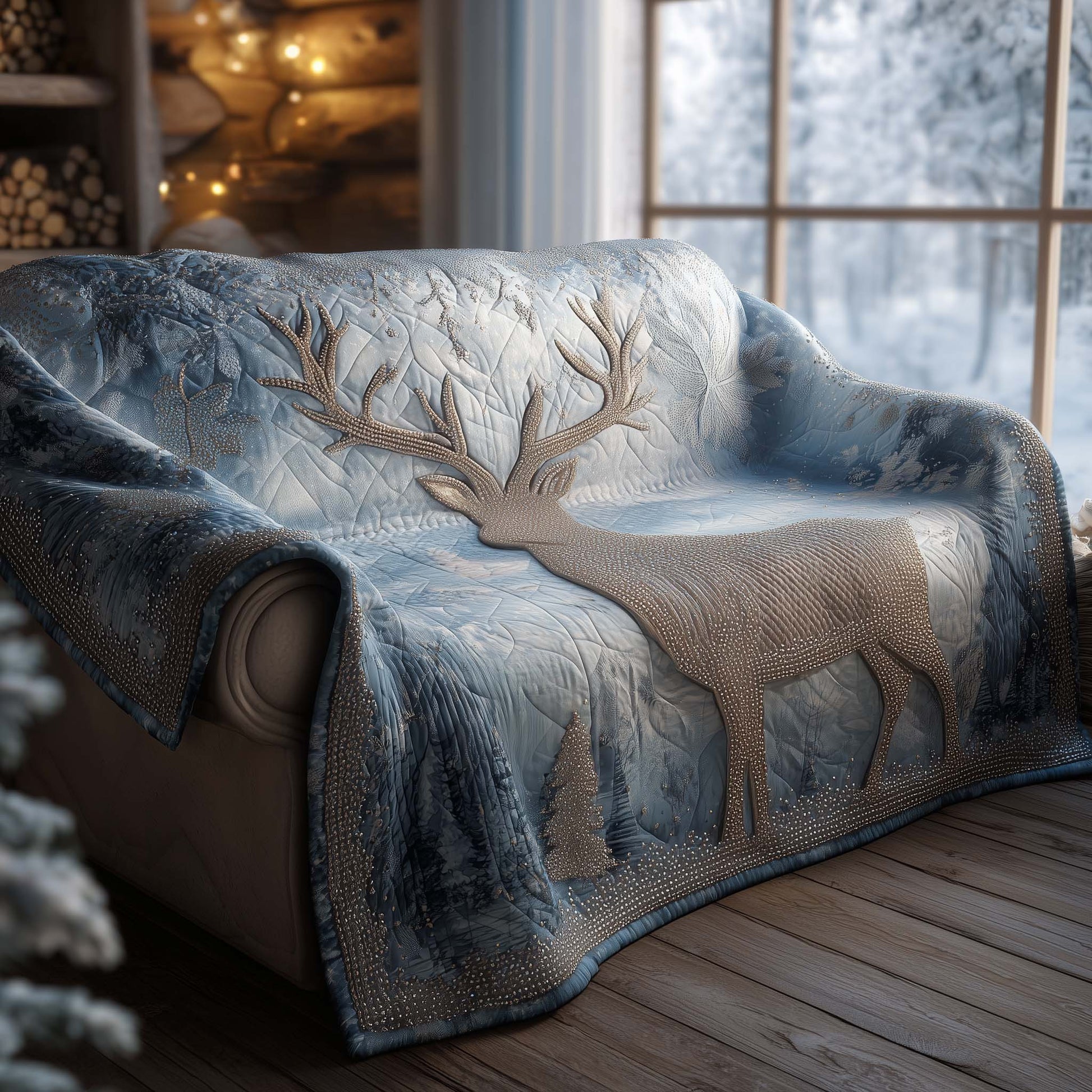 Winter Deer Quilted Sofa Cover Snow Covered Forest Motif Deer Themed Gifts For Him