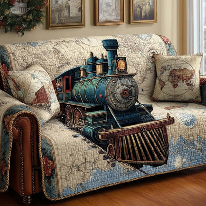Vintage Train Quilted Sofa Cover Classic Railway Motif Furniture Cover Train Gifts