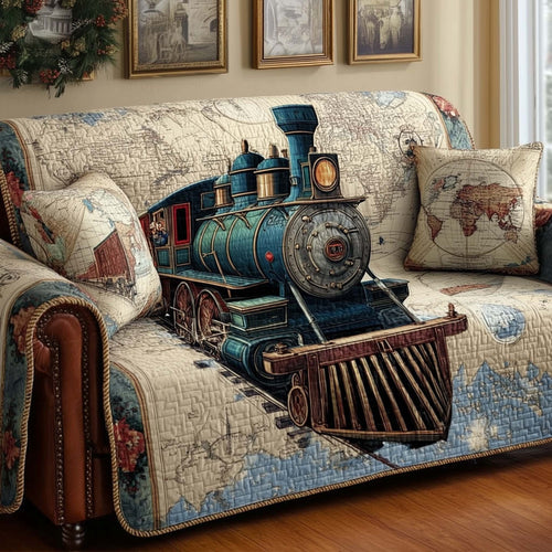 Vintage Train Quilted Sofa Cover Classic Railway Motif Furniture Cover Train Gifts